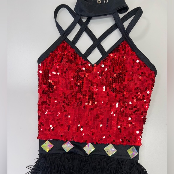 Weissman Dance Costume Sequin Fringe Rhinestone Leotard Red Black Adult XS NEW - Picture 6 of 13